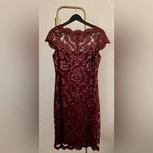 Tadashi Shoji burgundy Embroidered Lace Boatneck Midi Gown Dress